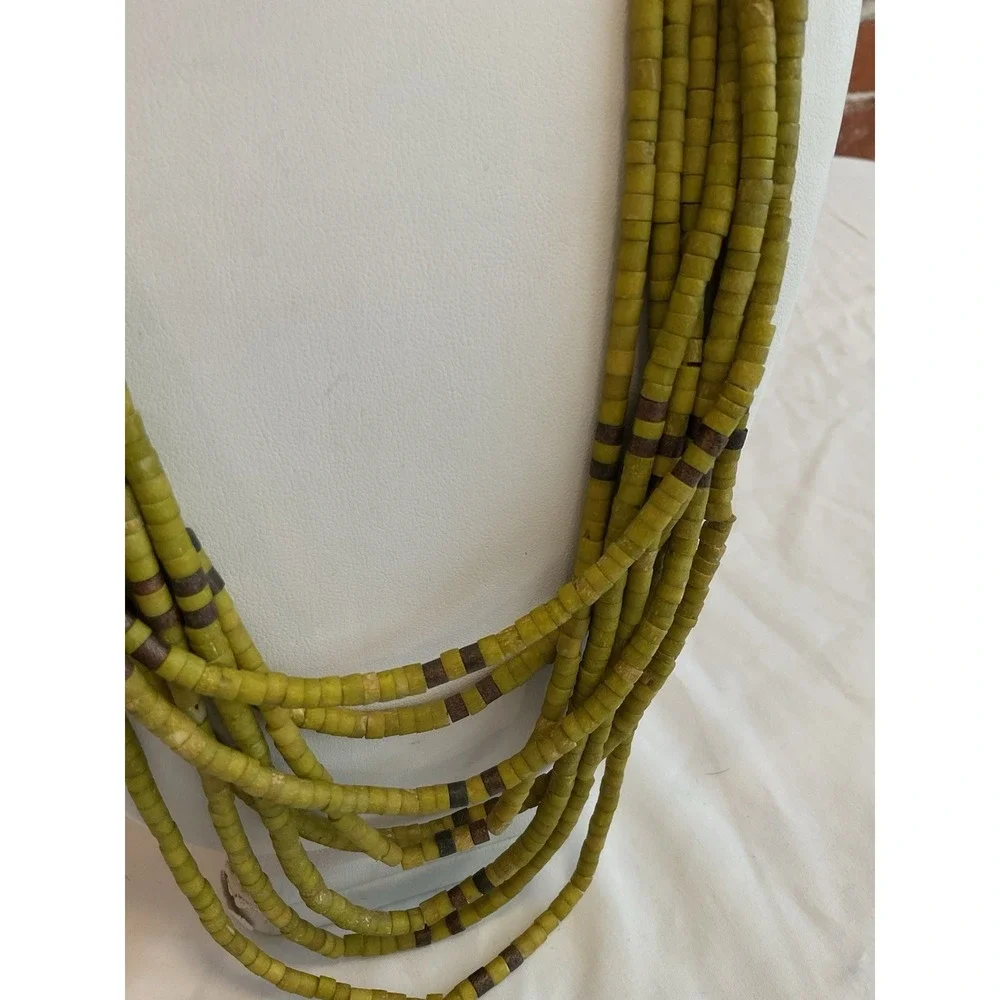 Green Multistrand Beaded Necklace Wooded Chunky Boho Hook Clasp Vintage African